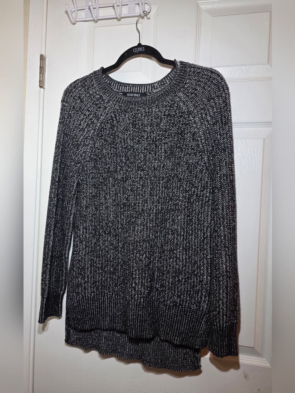 Ellen Tracy Women's Small Black White Marled Knit Crew Neck Long Sleeve Pullover